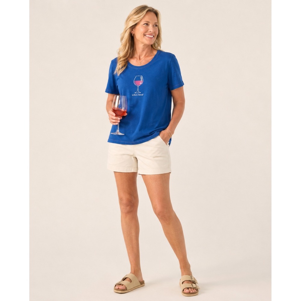 Life is Good Classic Fit Tee T-Shirt Womens Medium Blue 100%‎ Cotton Wine Glass
